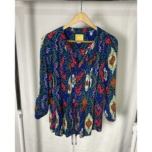 Maeve Anthropologie Pin Tuck Aztec Pattern Roll Tab Blouse 0